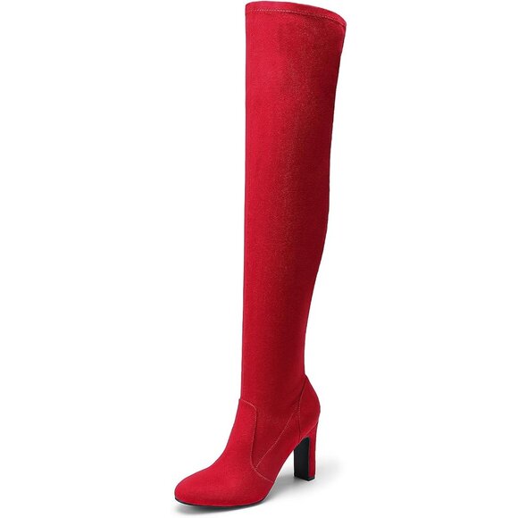 Women Red-suede Faux Suede Rounded Toe Over The Knee Thigh High Long Boots - Picture 1 of 7